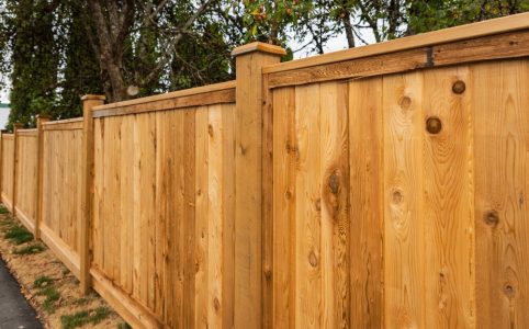 Nice,New,Wooden,Fence,Around,House.,Wooden,Fence,With,Green